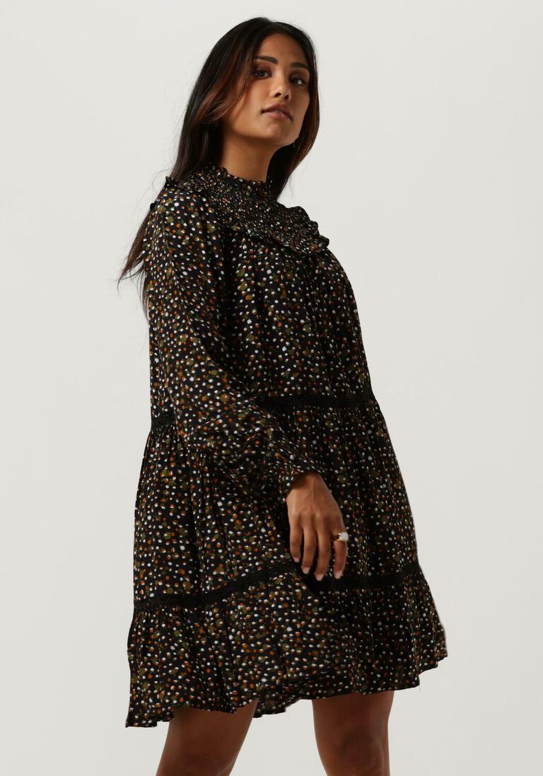 SCOTCH & SODA zwarte scotch & soda mini jurk smocked and tiered long sleeved dress