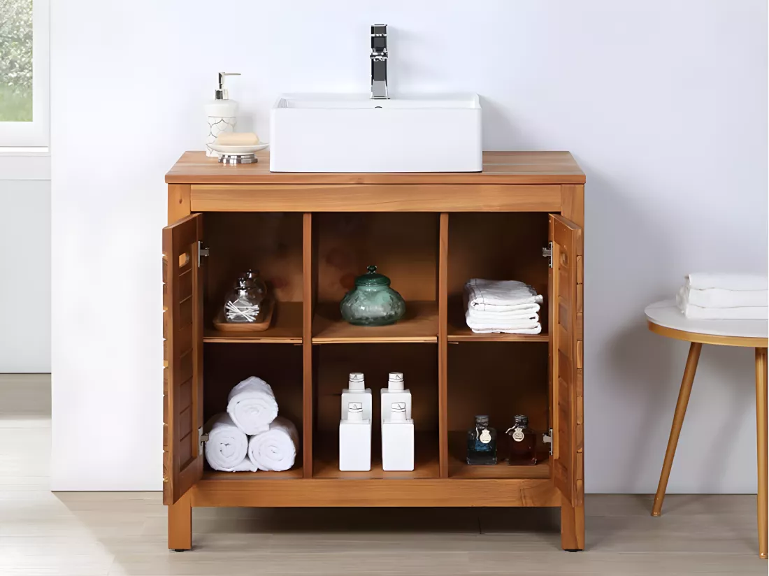 Meuble de salle de bain en bois d'acacia avec simple vasque - 90 cm - PULUKAN