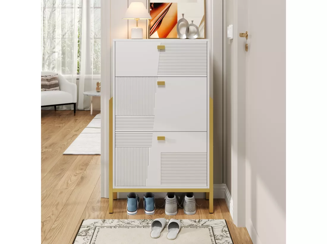 Armoire à chaussures avec tiroirs, porte-chaussures double avec poignées et pieds dorés, design moderne, rangement pratique