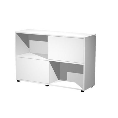 Bibliothèque basse à porte coulissante - L120 x H79 x P35 - Corps et portes blancs
