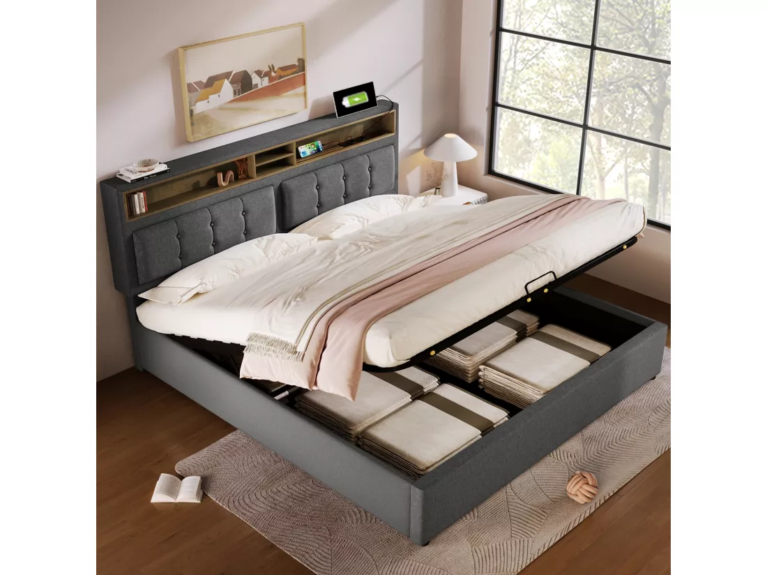 Lit coffre 140 x 200 cm avec tête de lit rangement - prise USB & C - tissu en lin - gris