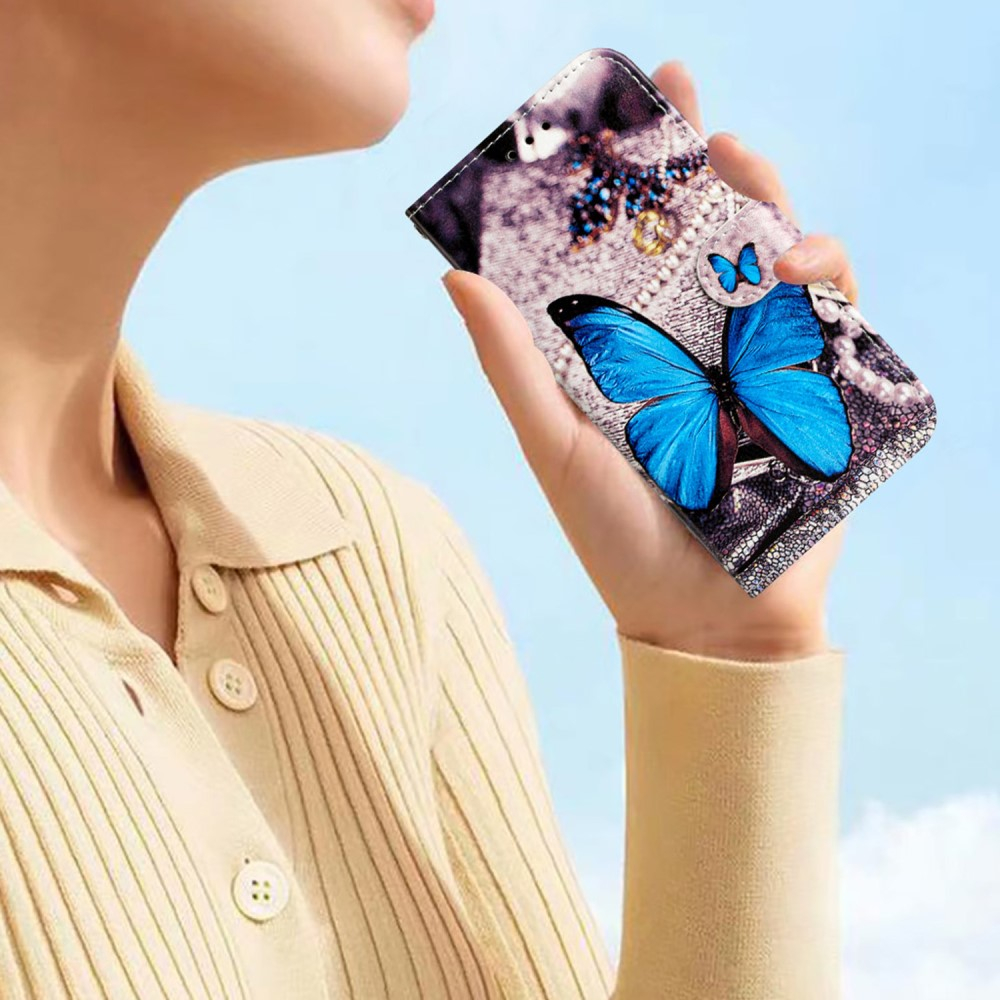 iPhone 16 Pro Leder Tasche Hülle mit Kartenfach Blauer Schmetterling