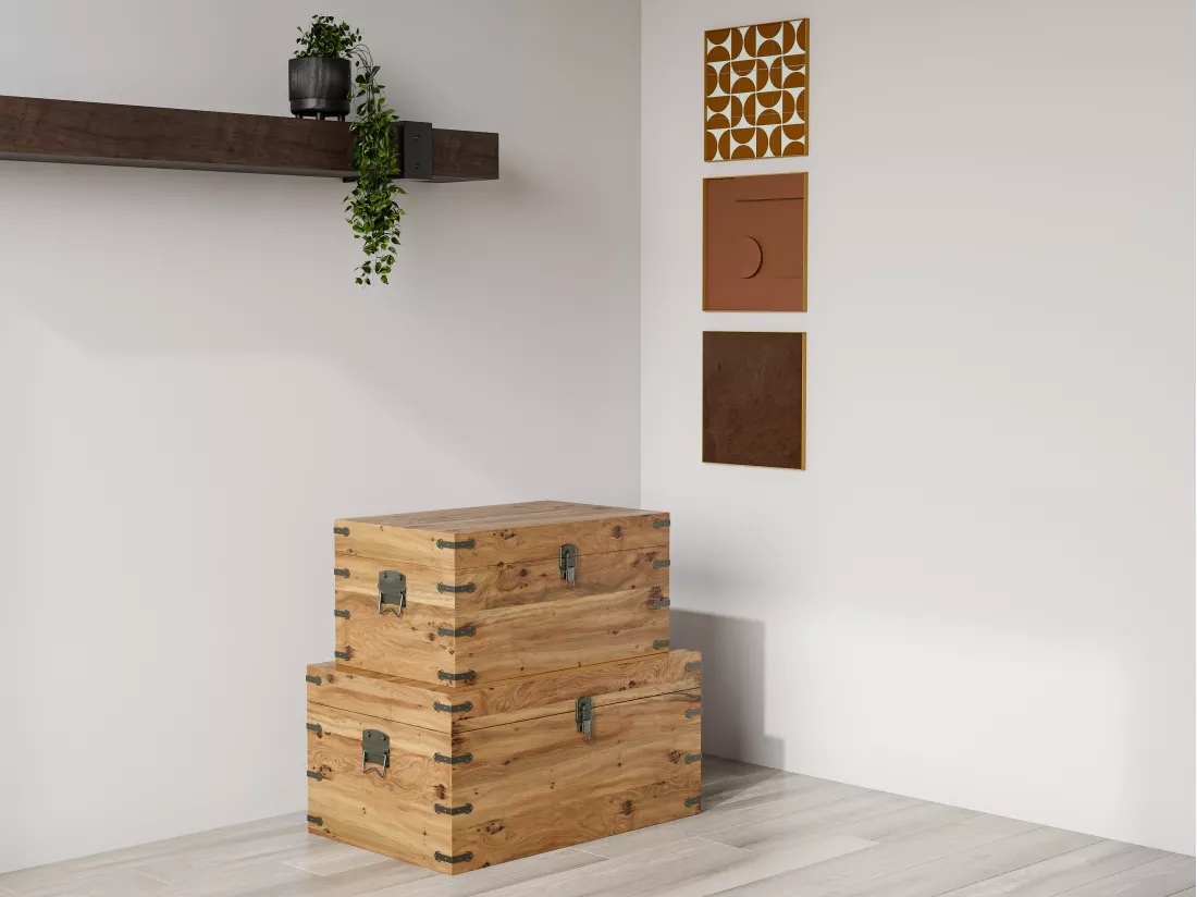 Lot de 2 malles en bois de sapin et MDF - L. 70 x P. 46 x H. 35 cm et L. 60 x P. 38 x H. 30 cm - Naturel - MALOUEN