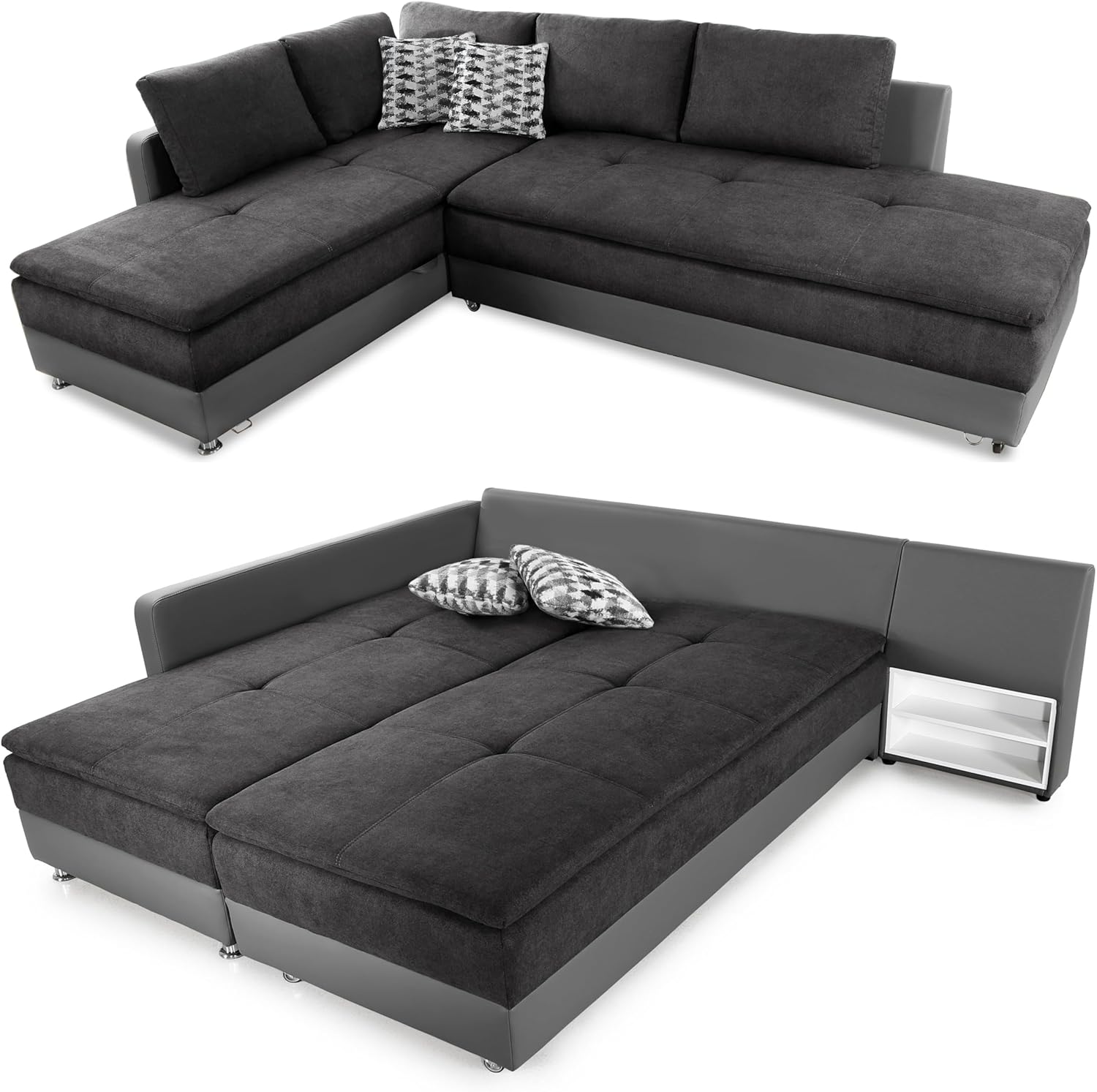 Federkern Ecksofa B306/T223/H95 cm Dauerschläfer, Doppelbett Schlaffunktion, Kaltschaum-Topper, Bettkasten, Regal, Schwenkteil RECHTS, Mikrofaser-Bezug Anthrazit, Korpus Kunstleder Grau / 15106