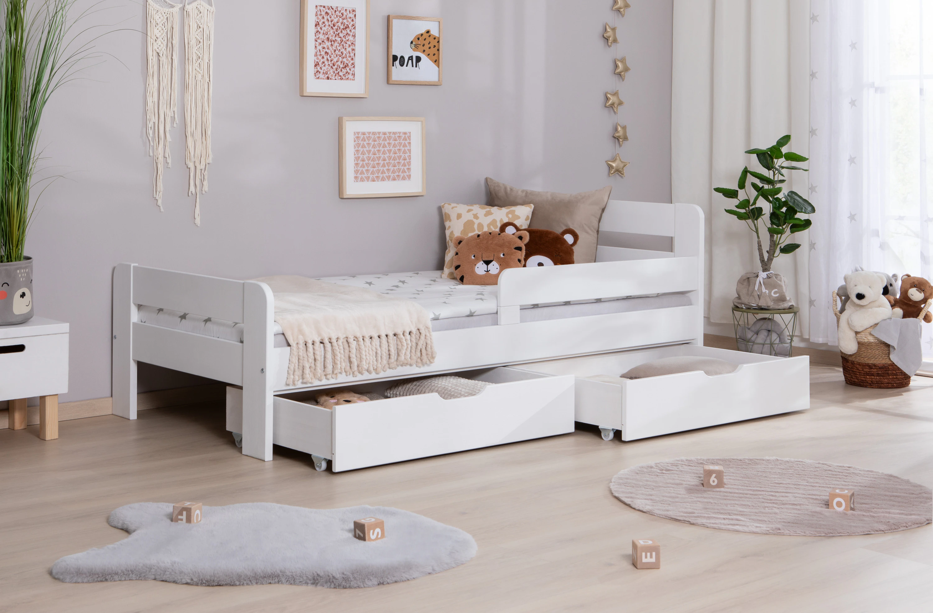 TiCAA Einzelbett Kinderbett Jugendbett, Bennet mit Schubkasten Rausfallschutz & Lattenrost für Schlafzimmer, Kinderzimmer Kiefer Massivholz Bettgestell 90 x 200 cm