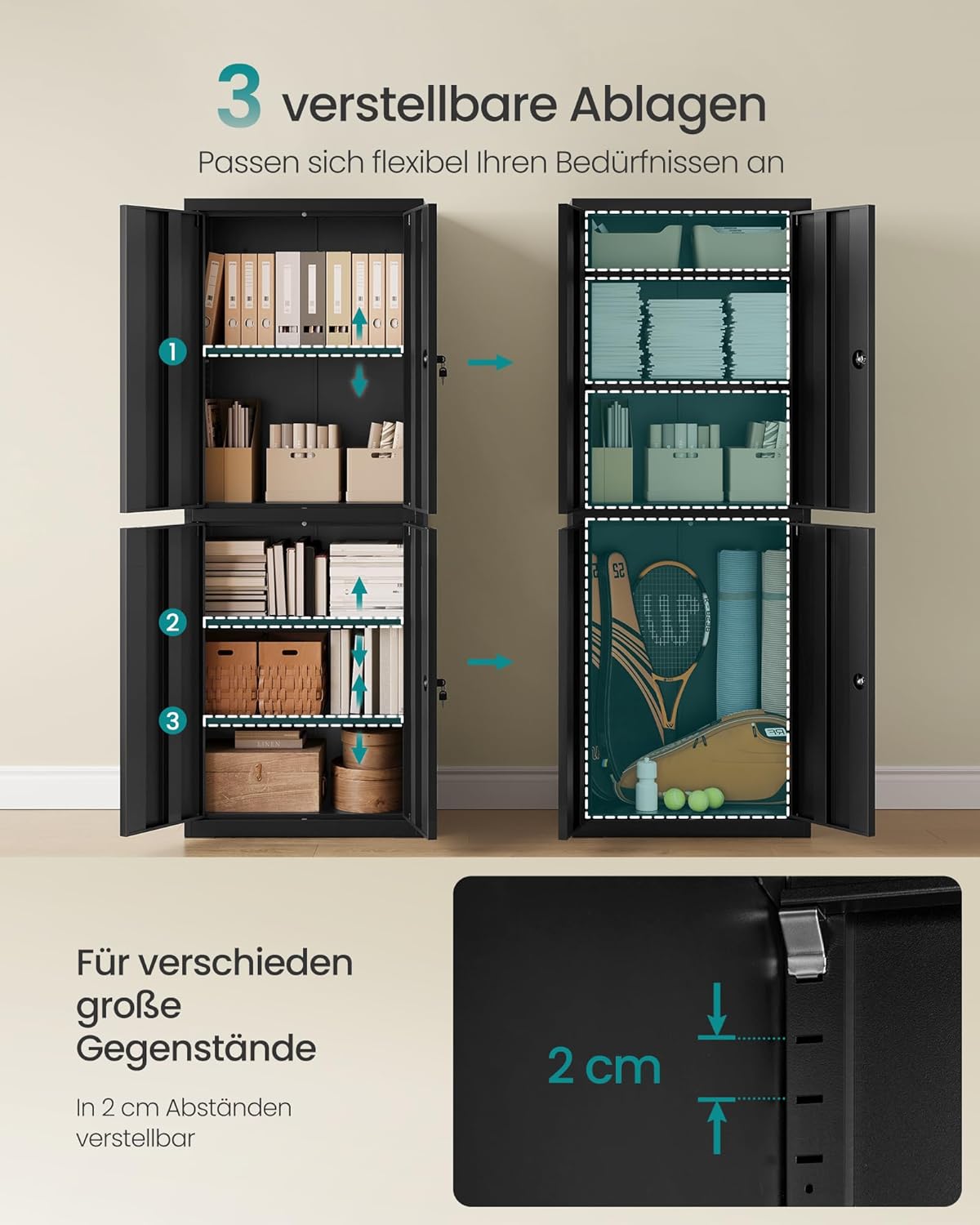 SONGMICS Aktenschrank, Mehrzweckschrank, Büroschrank, mit 4 Türen und 5 Ebenen, 40 x 60 x 180 cm, 2 Schlösser, verstellbare Ablagen, Aufbewahrungsschrank aus Stahl, Mattschwarz OMC017BD01