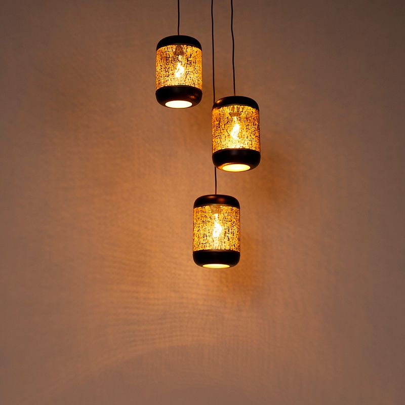 Vintage hanglamp zwart met messing rond 3-lichts - Kayleigh