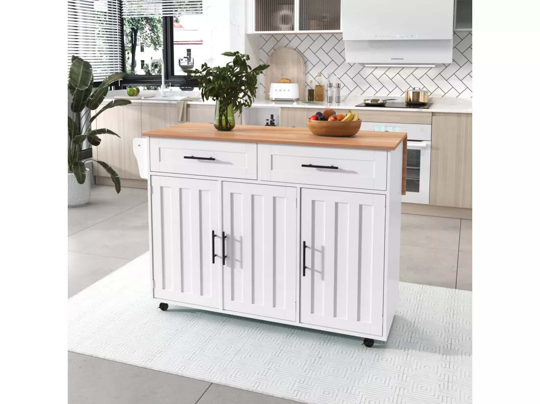 Desserte de cuisine 129x46x91.5cm, chariot de salle à manger, plan de travail pliable, armoire de rangement, blanc