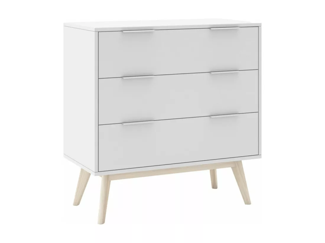 LAUPELL - Chambre 140x190cm avec Commode 3 Tiroirs Pin Naturel et Blanc Scandinave