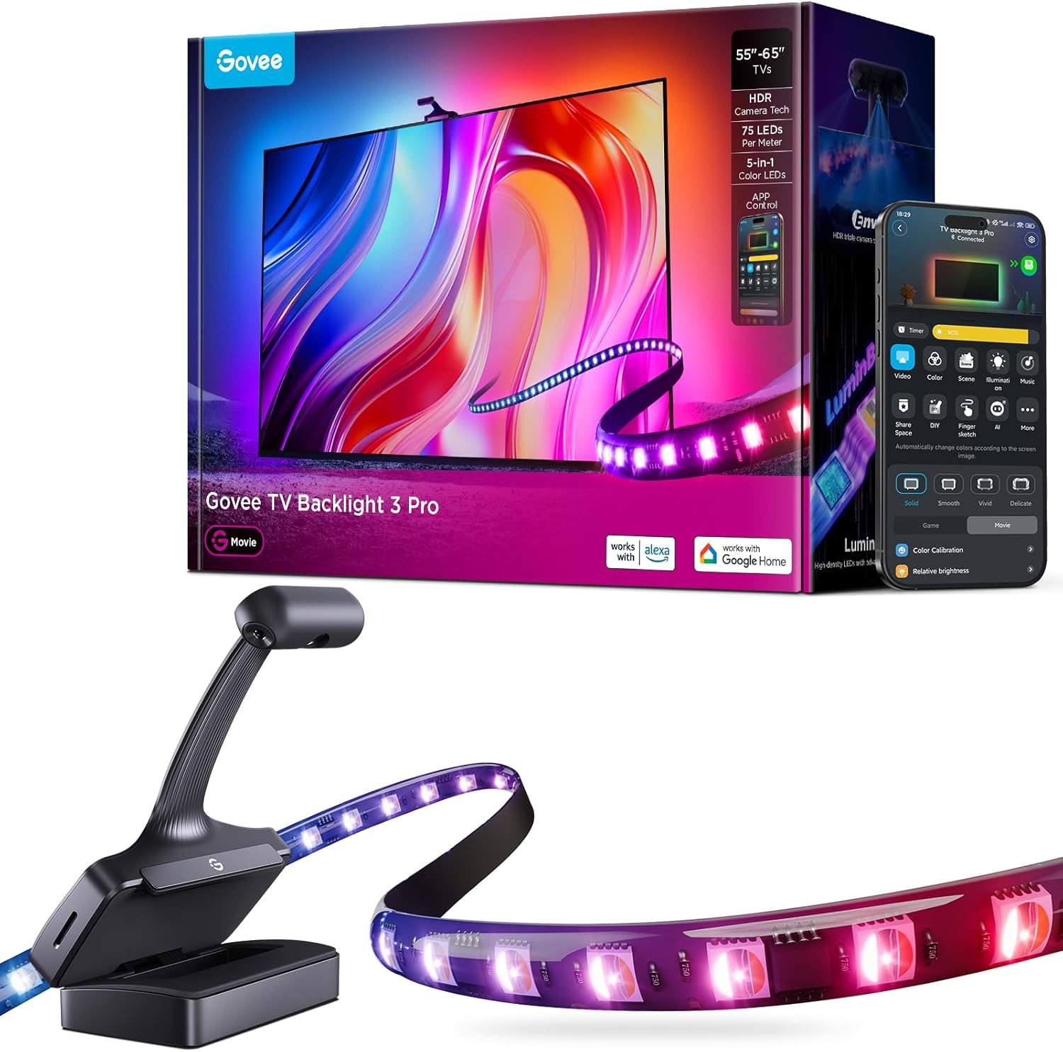 Govee TV Hintergrundbeleuchtung 3 Pro mit HDR-Dreifachkamera, 3,6M 5 in 1 RGBWWIC TV LED Streifen für 55–65 Zoll TVs, 75 LEDs/M, Unterstützt AI-Filter, Sprach- & APP-Steuerung DreamView Sync