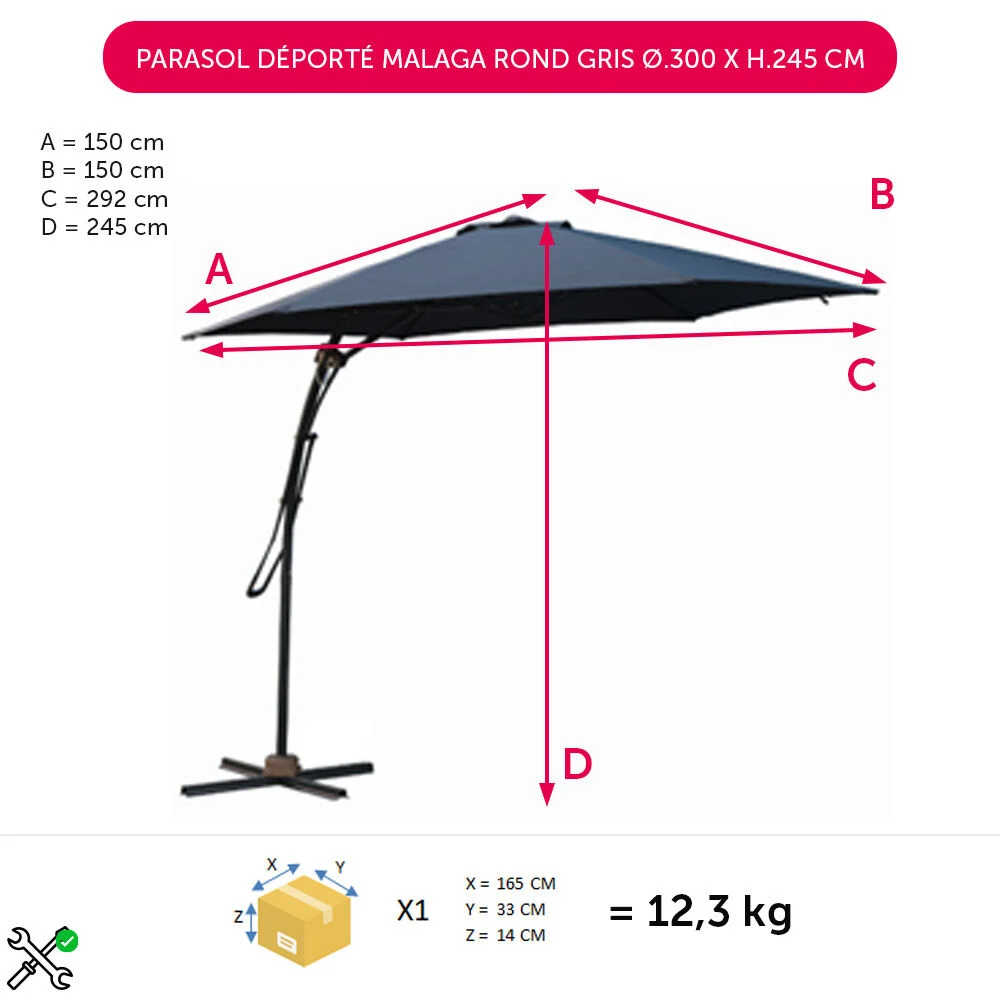 Parasol déporté Malaga rond gris Ø.300 x H.245 cm