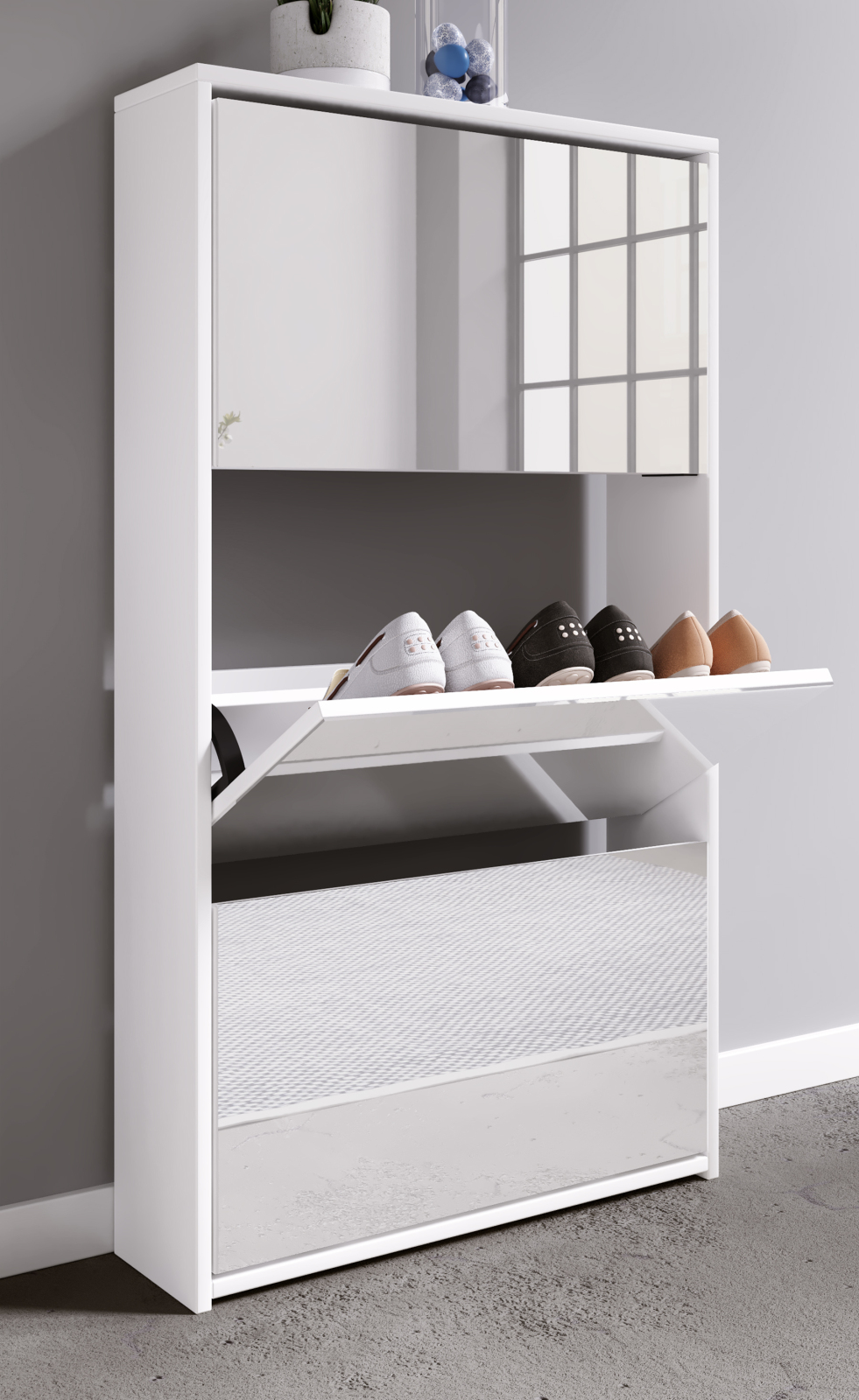 Schuhschrank STIDO XL - weiß - Frontspiegel - 63 cm
