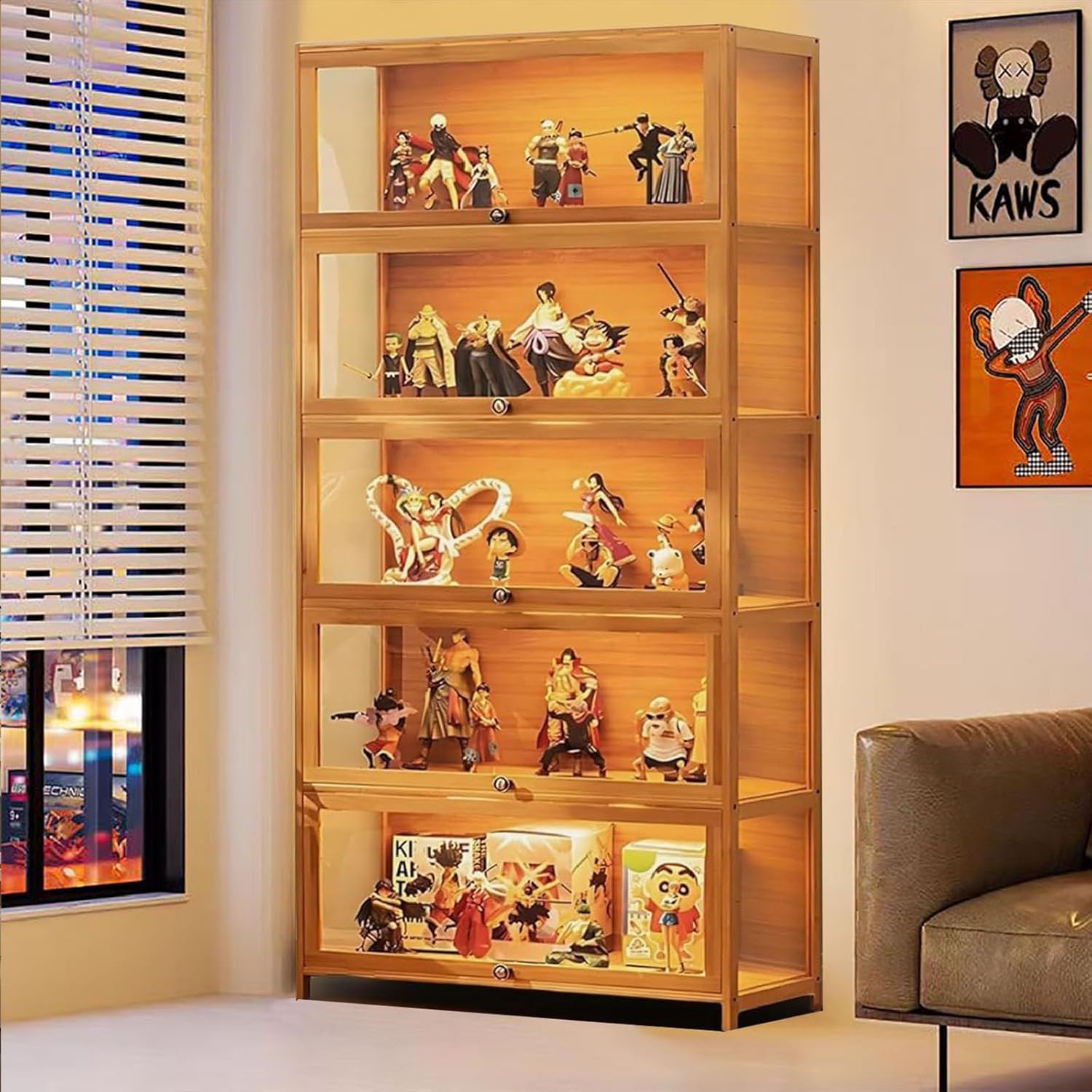 Standvitrine mit Acrylglas, 5 Böden Glas Vitrinenschrank, Dreiseitiger Transparenter Geschirrschrank, Bücherschrank mit Türen, für Wohnzimmer,Schlafzimmer,Büro (braune Klappe)