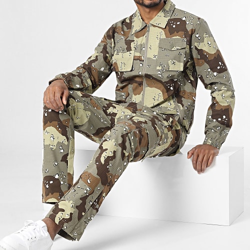 Ensemble Veste Zippée Et Pantalon Cargo Vert Kaki Camouflage