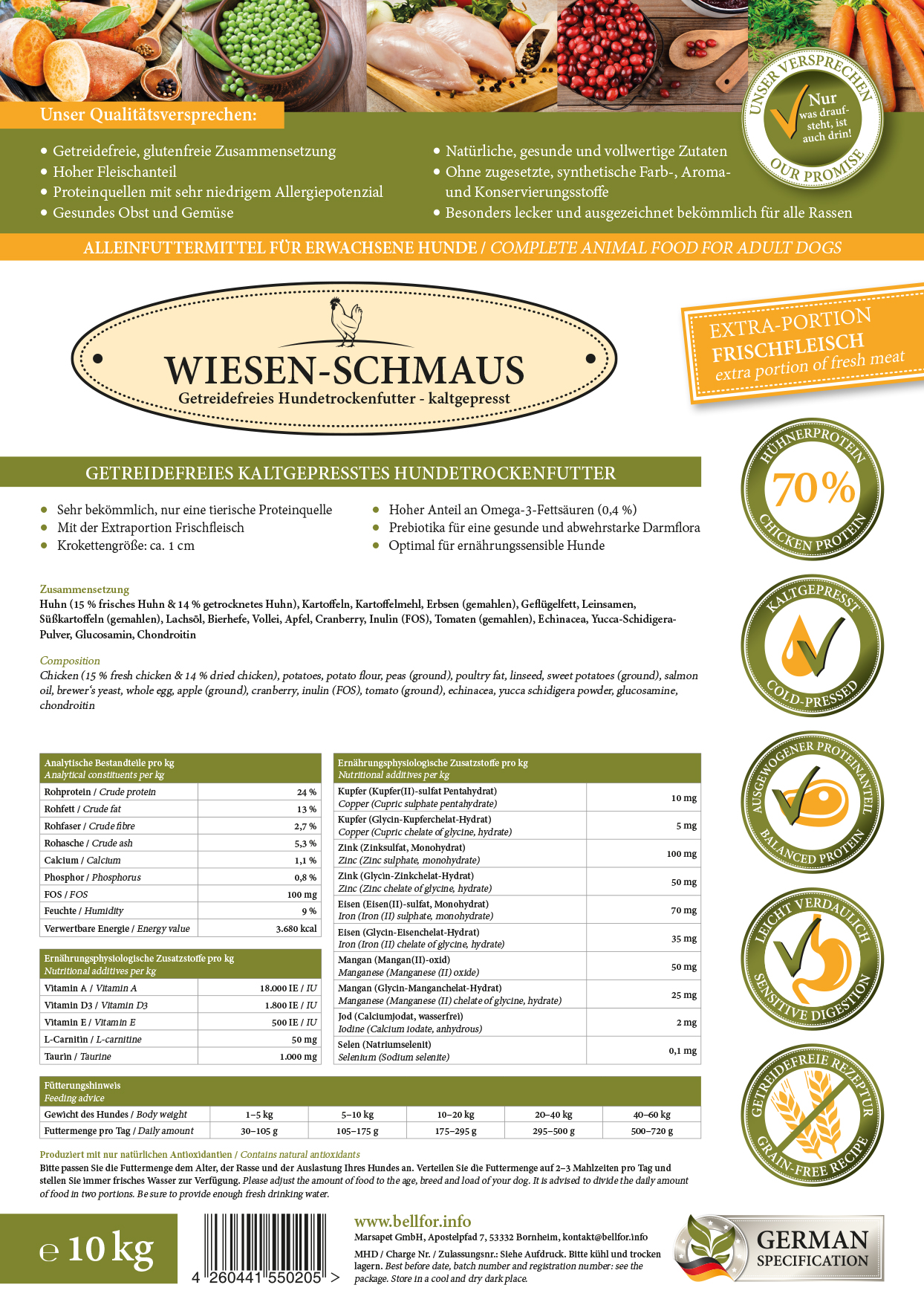 Сroquettes pressés à froid avec poulet - wiesen-schmaus - 10 kg