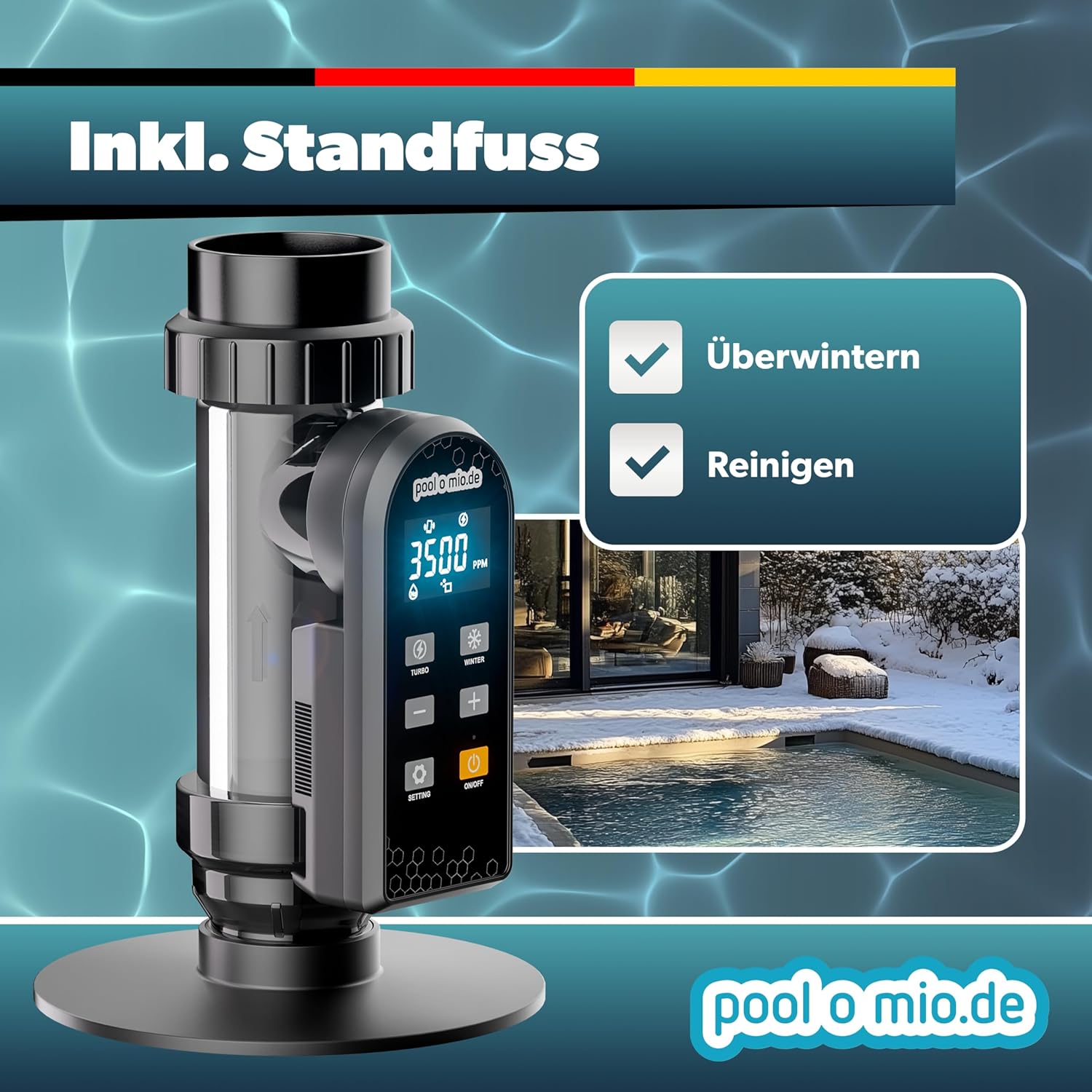 Poolomio® Chlorinator Pool bis 110.000L | Salzelektrolysegerät 25g/h mit Smarter App-Steuerung & Titanzelle | Salzanlage zur chemiefreien Wasserpflege | Pool Salzwassersystem mit Dosierautomatik