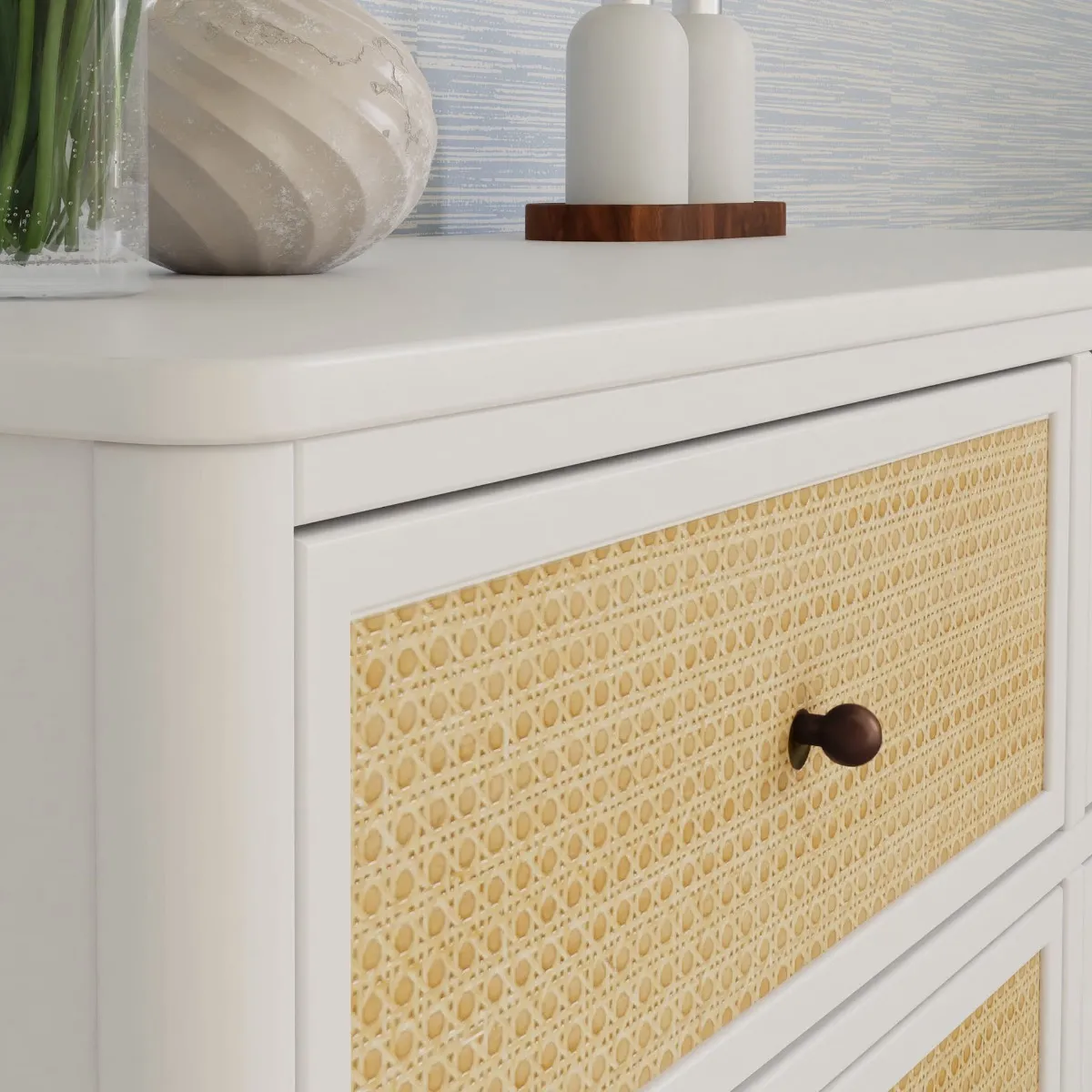 DaVinci Bureau 6 Tiroirs Marin - Blanc Chaud et Rotin