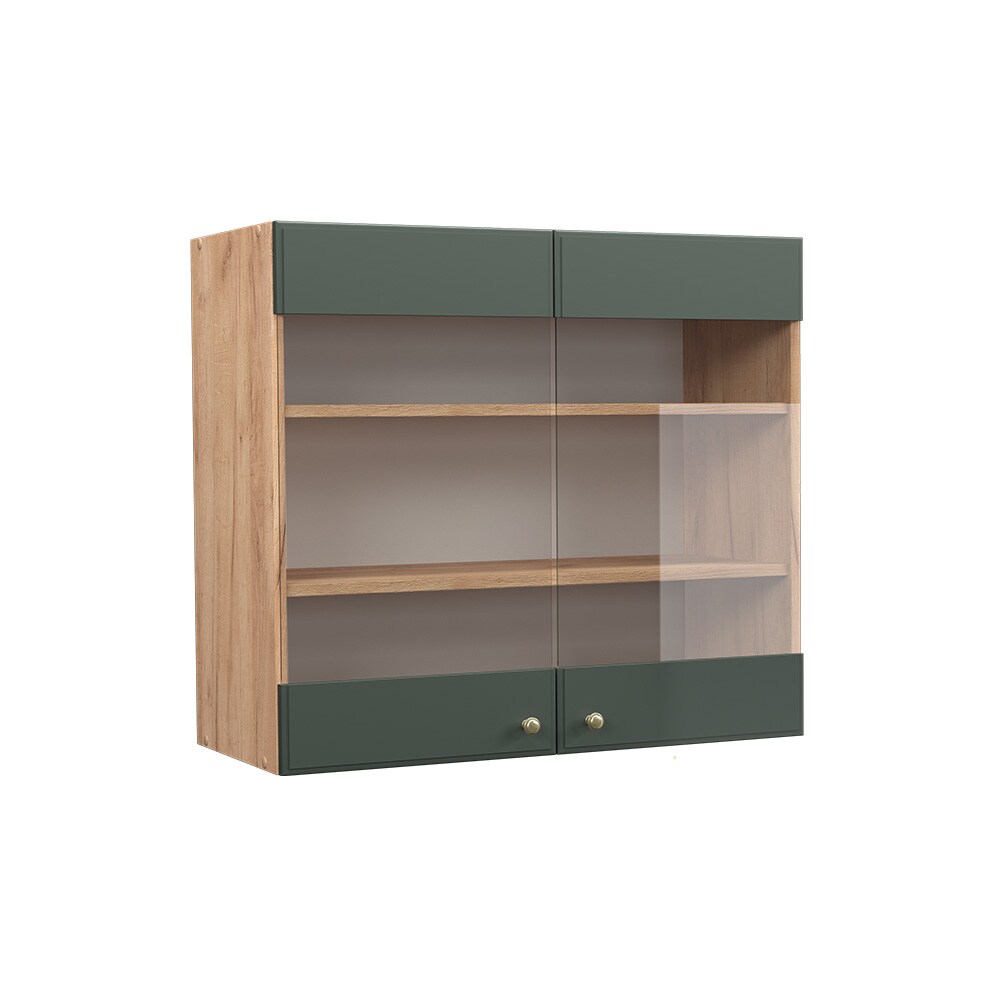 Vicco Hängeglasschrank Küchenschrank Küchenmöbel Fame-Line Eiche Grün-Gold Landhaus 80 cm Küche Einbauküche Hängeschrank Glasschrank Drehtür Einlegeboden Küchenzeile