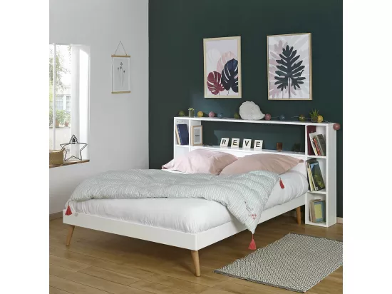 Tête de lit avec rangements 160 cm bois massif blanc LOU