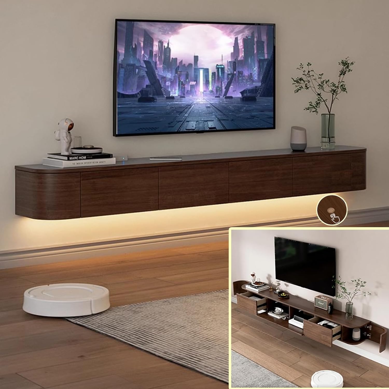 TV-Medienkonsole, schwimmender TV-Schrank, Wandmontage, TV-Schrank, mehrere große Aufbewahrungsmöglichkeiten, TV-Bank unter dem TV-Lowboard mit Schubladen (Braun B + LED, 160 * 20 * 30cm)