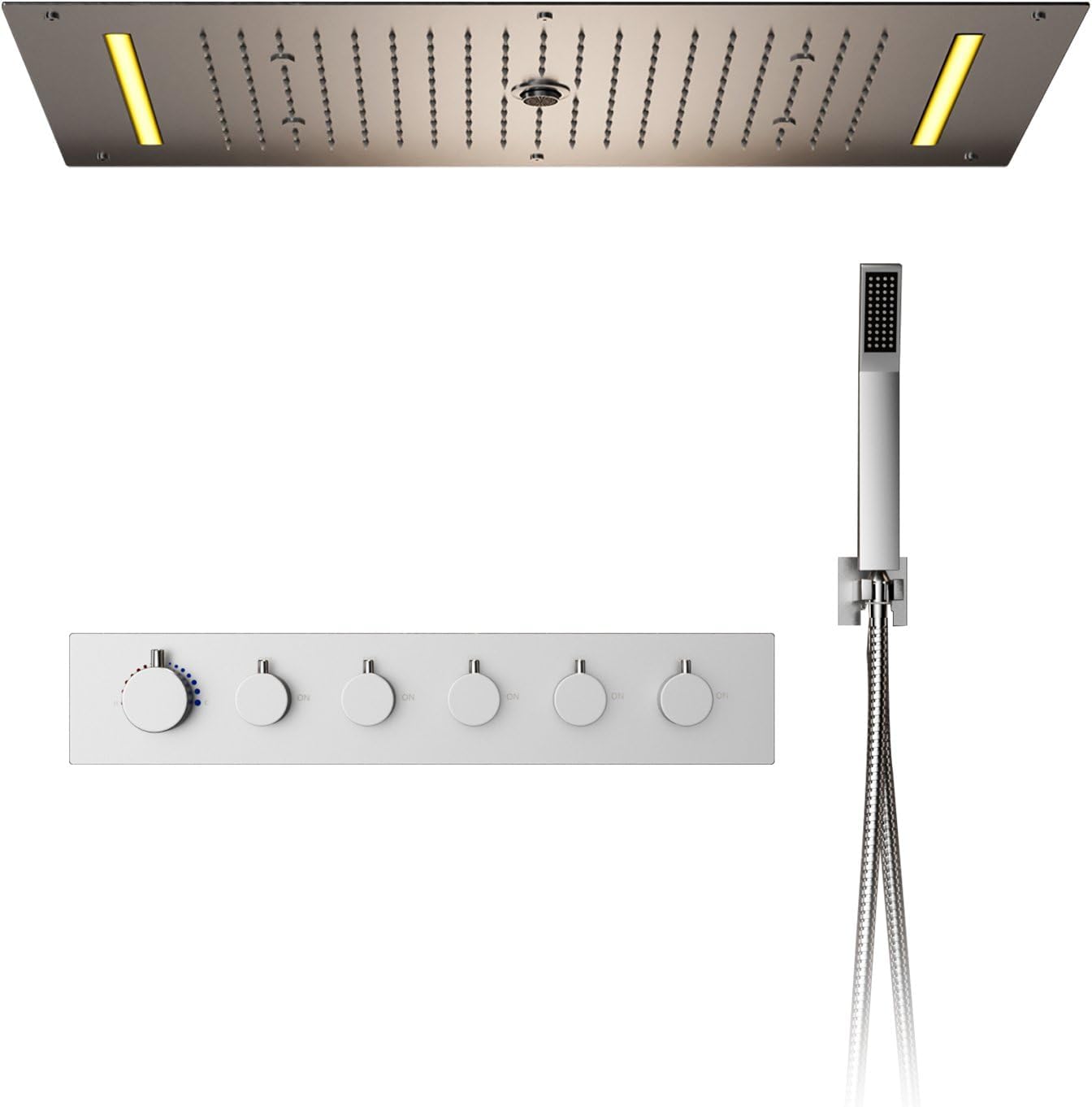 Duschsystem,Duschsystem Multifunktional Mit Thermostat,Messing,Mit LED-Farb Atmosphärenlicht,Kopfbrause Mit Fünf Wasserstrahl Modi,Handbrause,Deckenmontage,Chrom Duscharmatur Komplettset