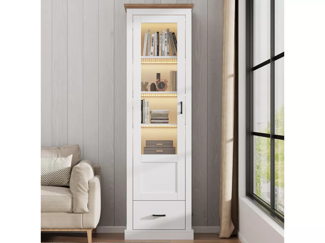 Vitrine avec 1 porte en verre et 1 tiroir - 50 x 35 x 178 cm - LEDs - Panneau de particules et verre - Blanc