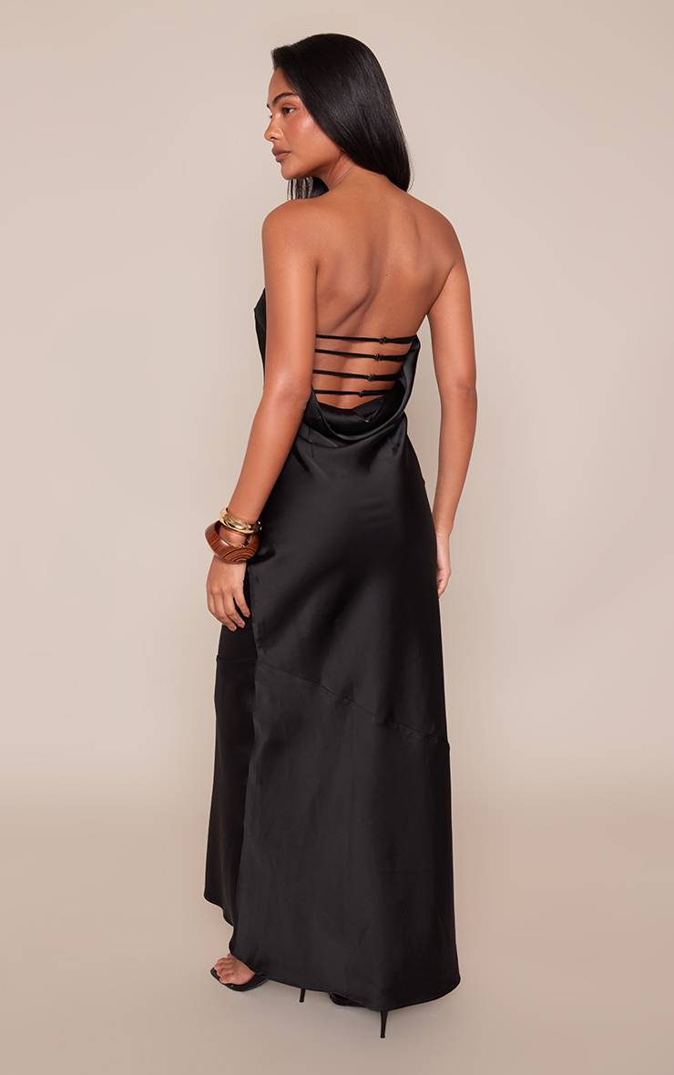 Noir Robe Longue En Satin À Col Bandeau Et Dos Drapé