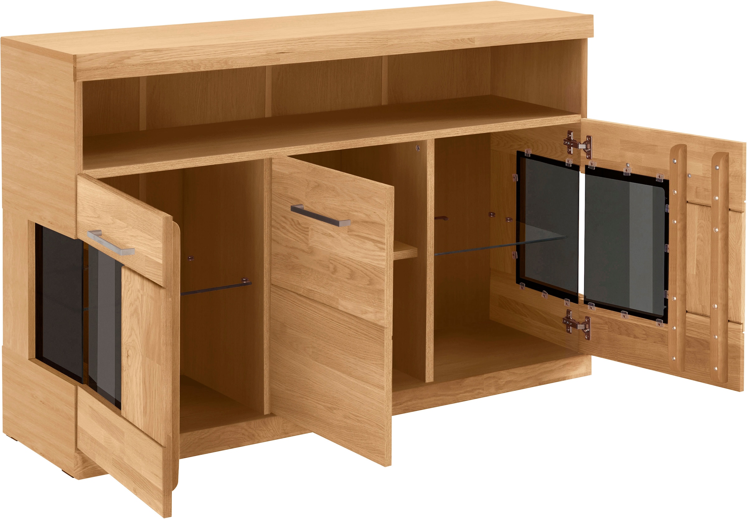 Home affaire Sideboard »Ribe,130cm breit,Fronten Massivholz,2Türen mit gehärtetem Glaseinsatz« Korpus aus Holzwerkstoff, Metall Griffe,7 Fächer, Böden versetzbar