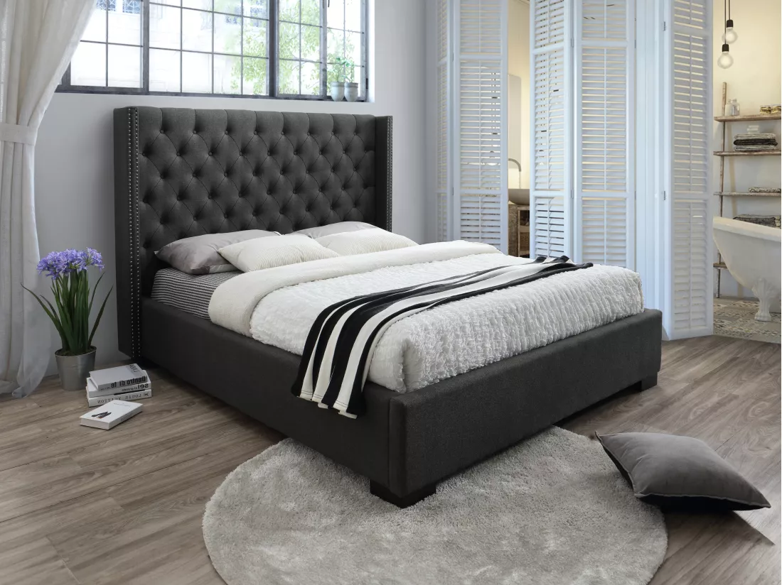 Lit 140 x 200 cm avec tête de lit capitonnée - Tissu - Gris + Matelas - MASSIMO