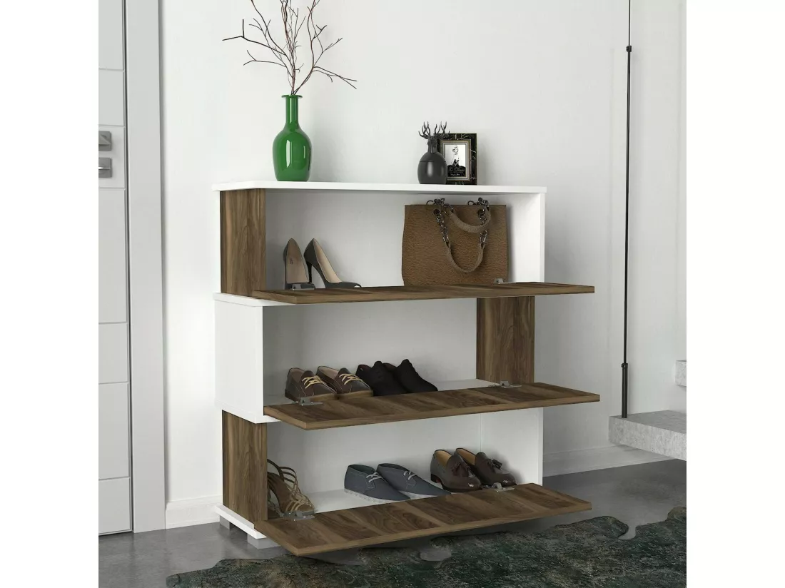 Meuble à chaussures Baten, Meuble à chaussures, Armoire d'entrée polyvalente, Rangement pour chaussures, 90x30h93 cm, Blanc et Noyer
