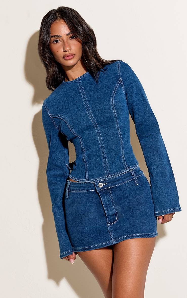 Mid Blue Wash Mini-jupe En Denim À Surpiqûres Contrastées Petite