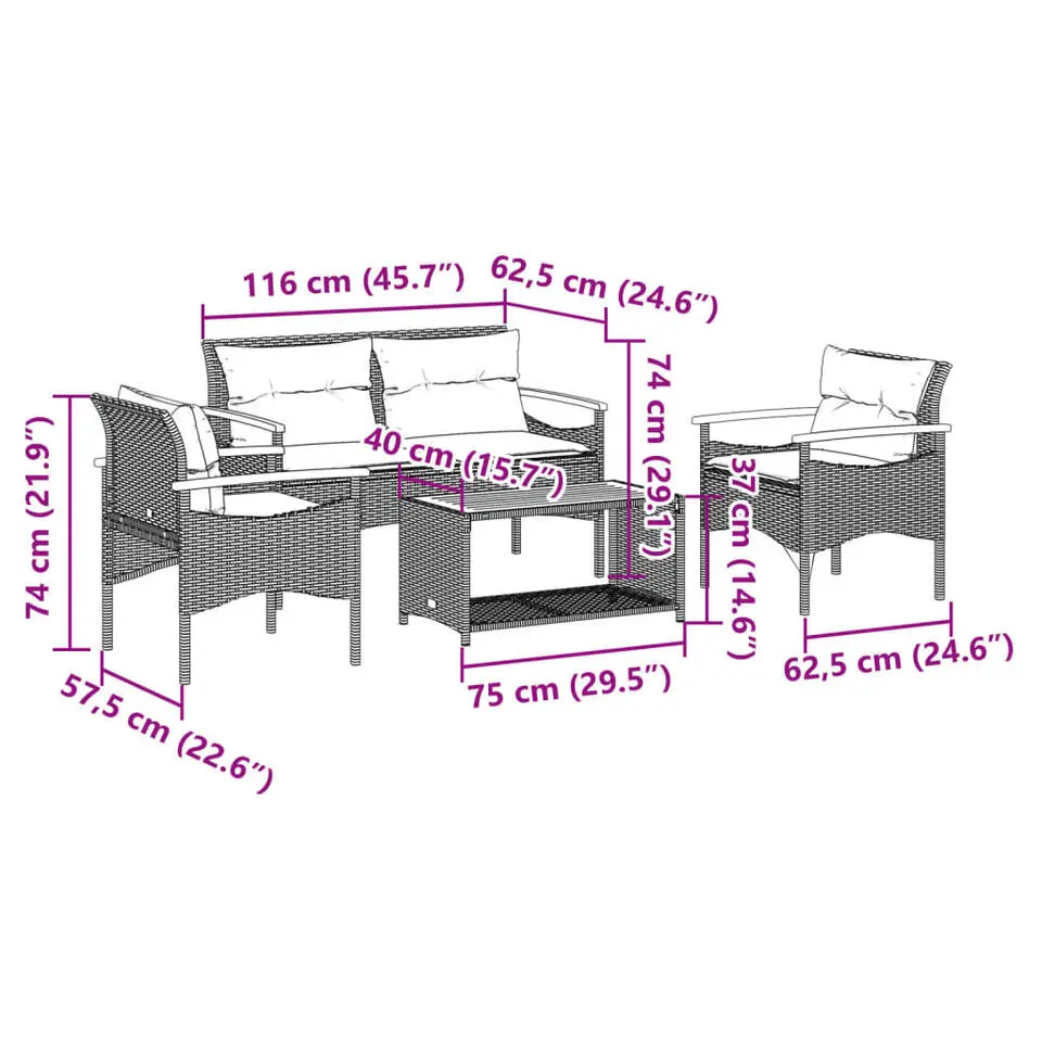 vidaXL - Loungeset - Zwart - Poly rattan