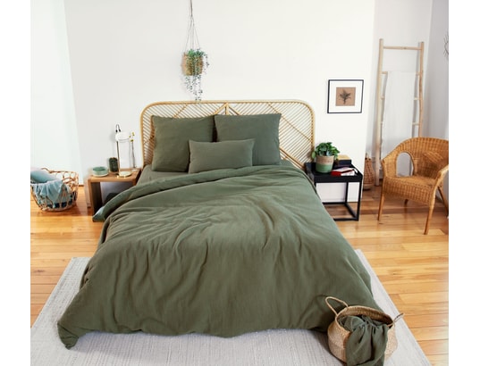 COTE DECO - Ensemble couette + 2 oreillers Parure de lit - double gaze de coton - 240 x 260 cm - kaki