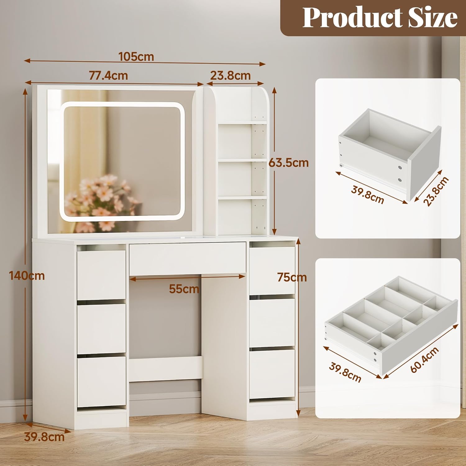 yeshine Schminktisch mit Beleuchtung, 105X39.8X140CM, Modern Makeuptisch mit großem Spiegel, Groß Dressing Table mit Schubladen, mit Steckdose, Weiß