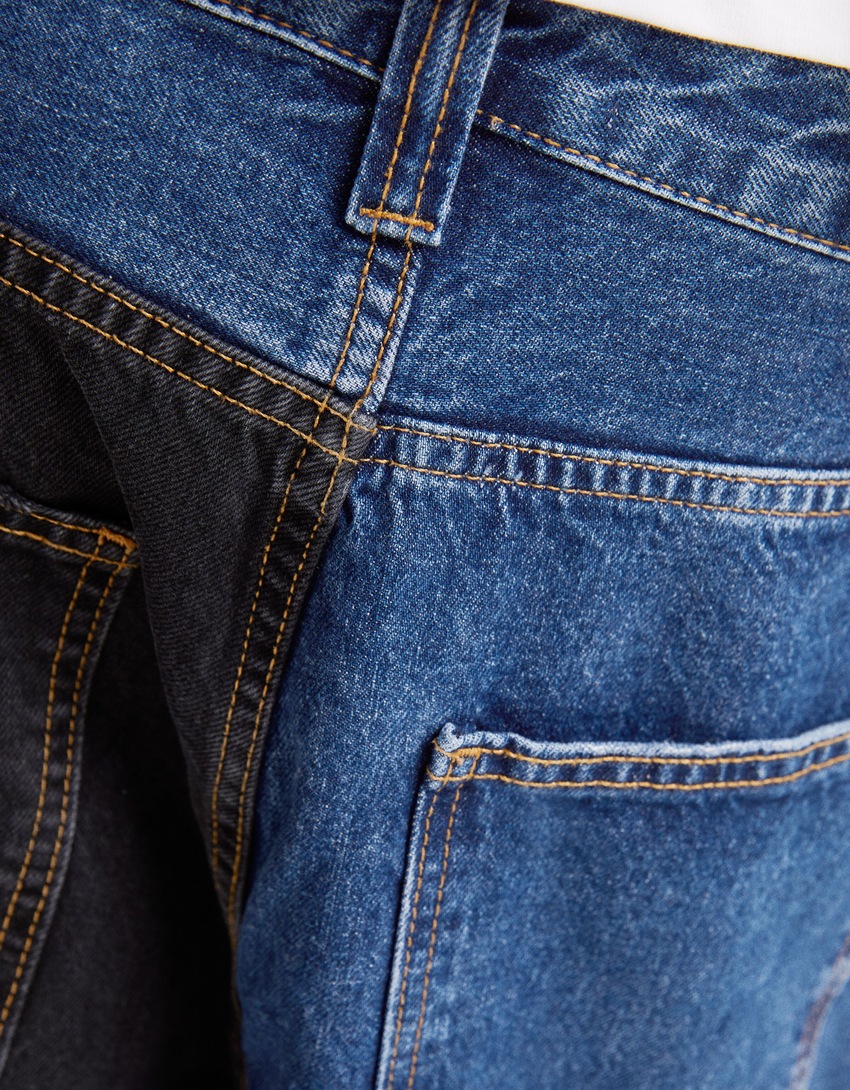 calças jeans super largas com blocos de cores