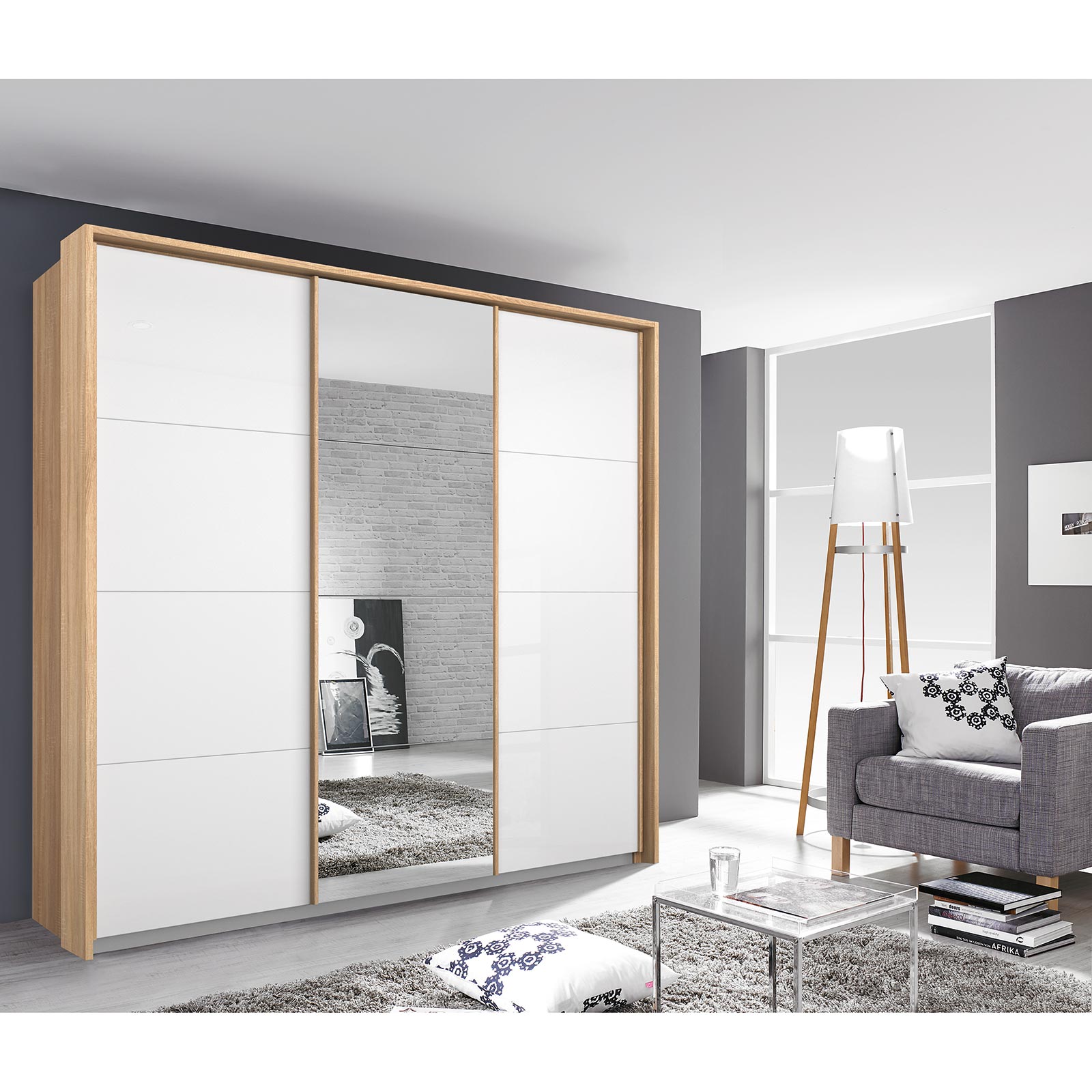 Schwebetürenschrank - weiß Hochglanz - Eiche Sonoma - mit Spiegel - 203x210 cm