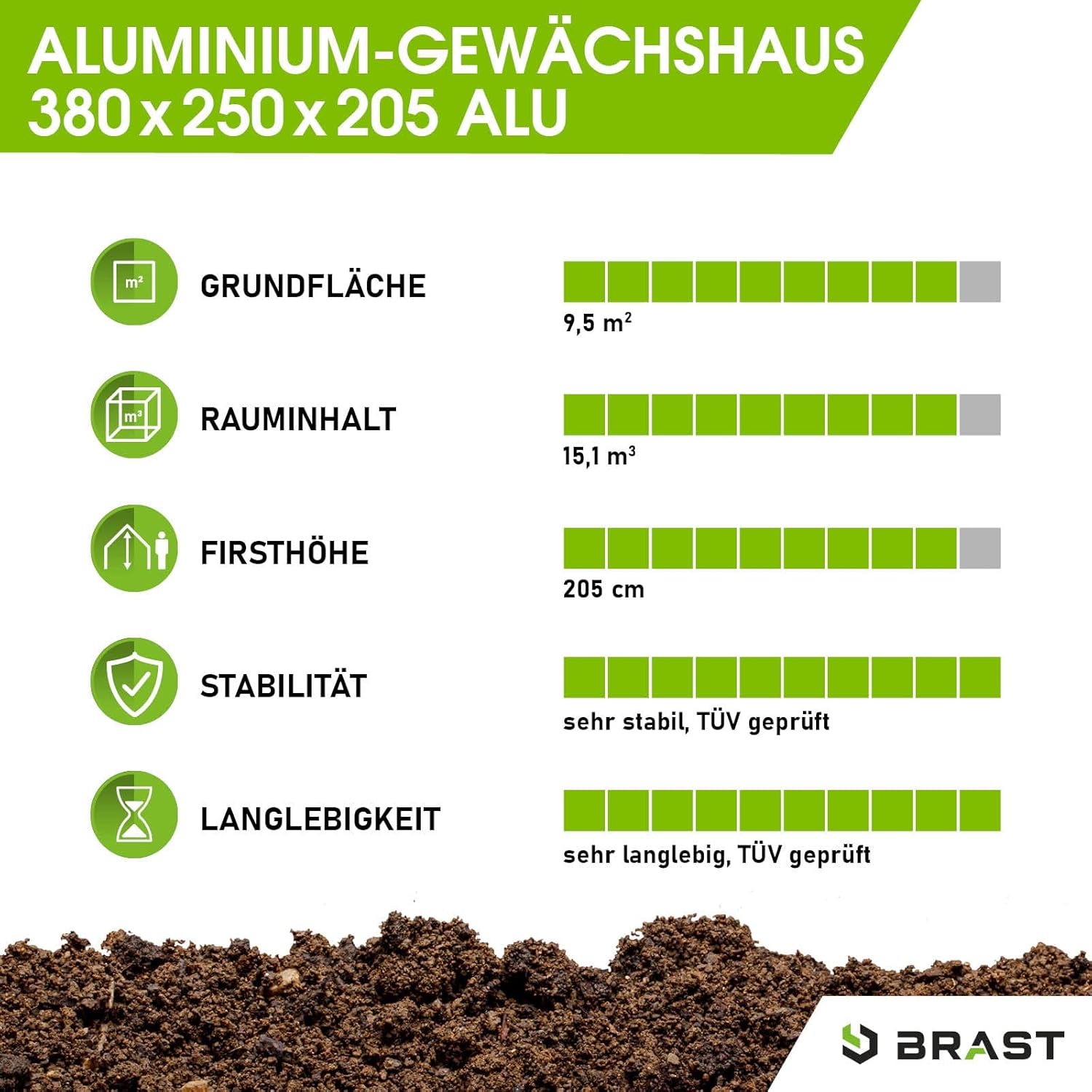 BRAST Gewächshaus Aluminium mit Fundament | 42 Modelle | 130x190x195cm - 490x250x235cm | TÜV geprüft | 6mm Hohlkammerplatten | rostfrei wetterfest temperaturbeständig | 380x250x205cm Silber