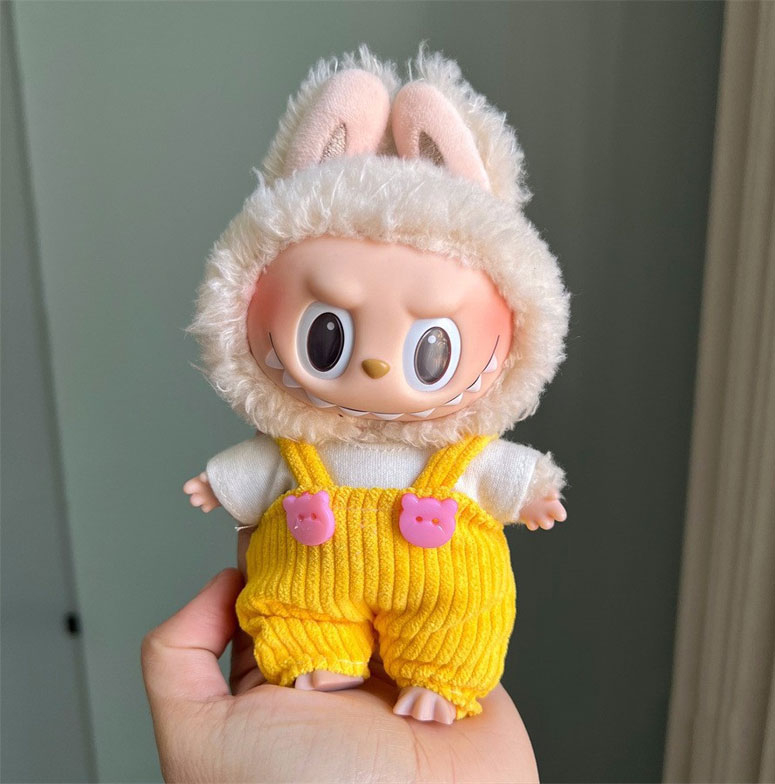 (2-tlg. Set) Monsterhäschen Overall Puppen Zubehör Latzhose inkl. T-Shirt Outfit Verkleidungs Accessoire mit Teddy Knöpfe - Gelb / Weiss