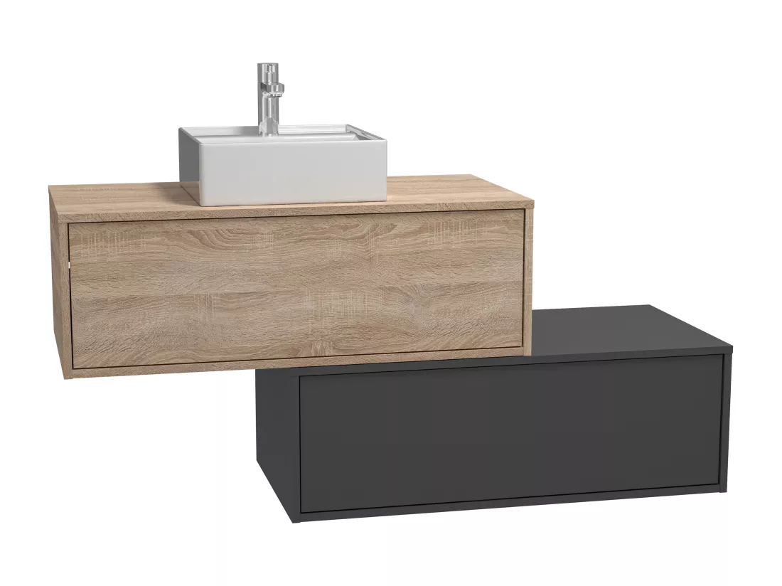 Meuble de salle de bain suspendu naturel clair et anthracite avec simple vasque carrée et deux tiroirs - 94 cm - TEANA II