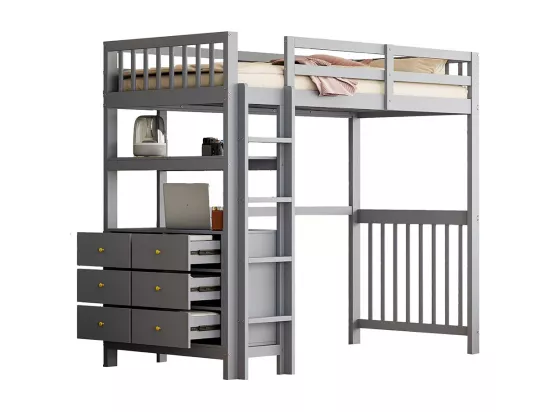 Lit mezzanine 90×200 échelle de sécurité verticale tiroirs et étagères clôture design haute sommier à lattes lit simple en pin gris