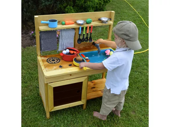 KANGUI - Cuisine extérieure bois FSC, bac à eau, robinet, évier pour jeux aux jardin