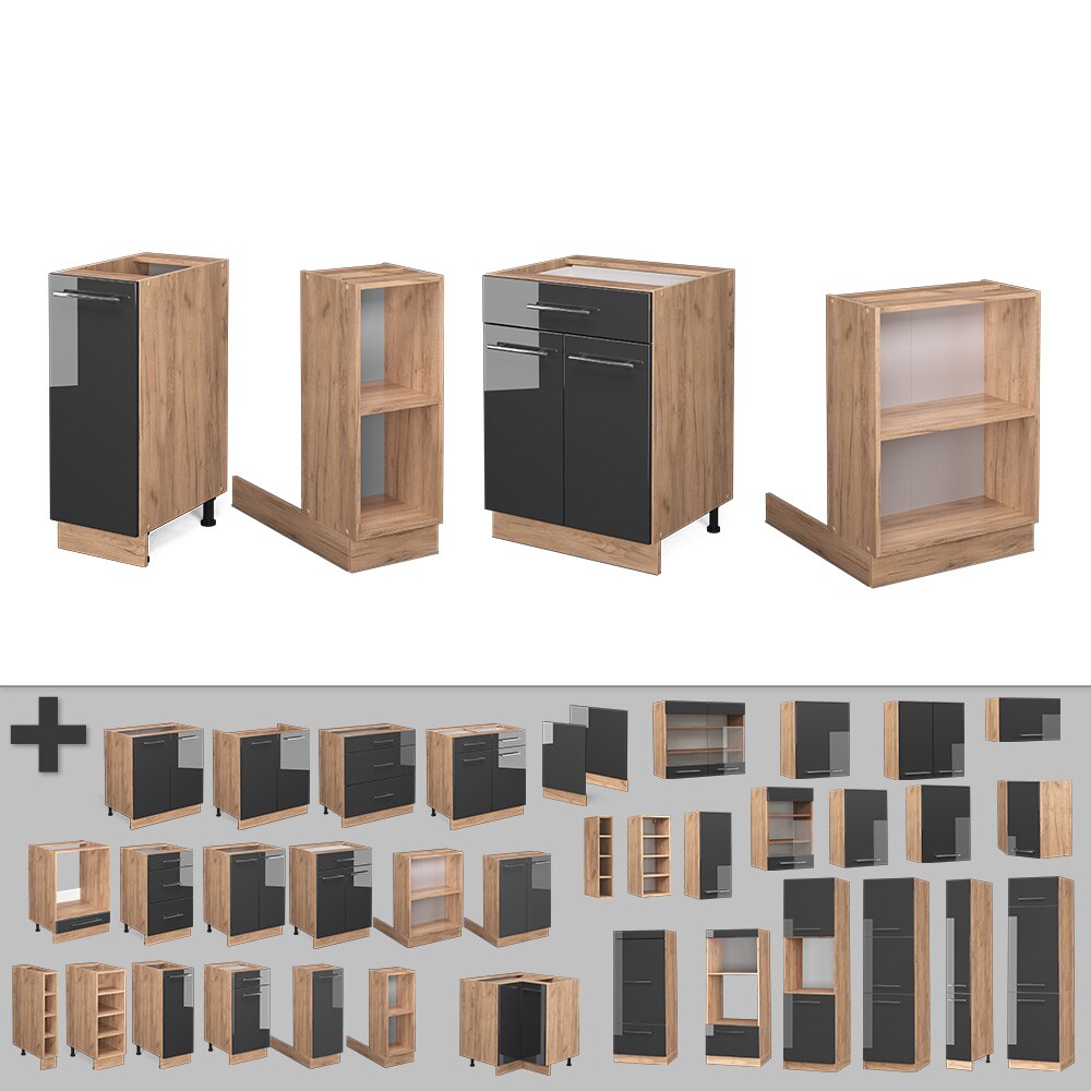 Vicco Kücheninsel Küchenblock Einbauküche Fame-Line Eiche Anthrazit 90 cm modern Hochglanz Küchen Schränke Apothekerunterschrank Schubunterschrank Regalinselunterschrank Softclose-Scharnier Küchenmöbel
