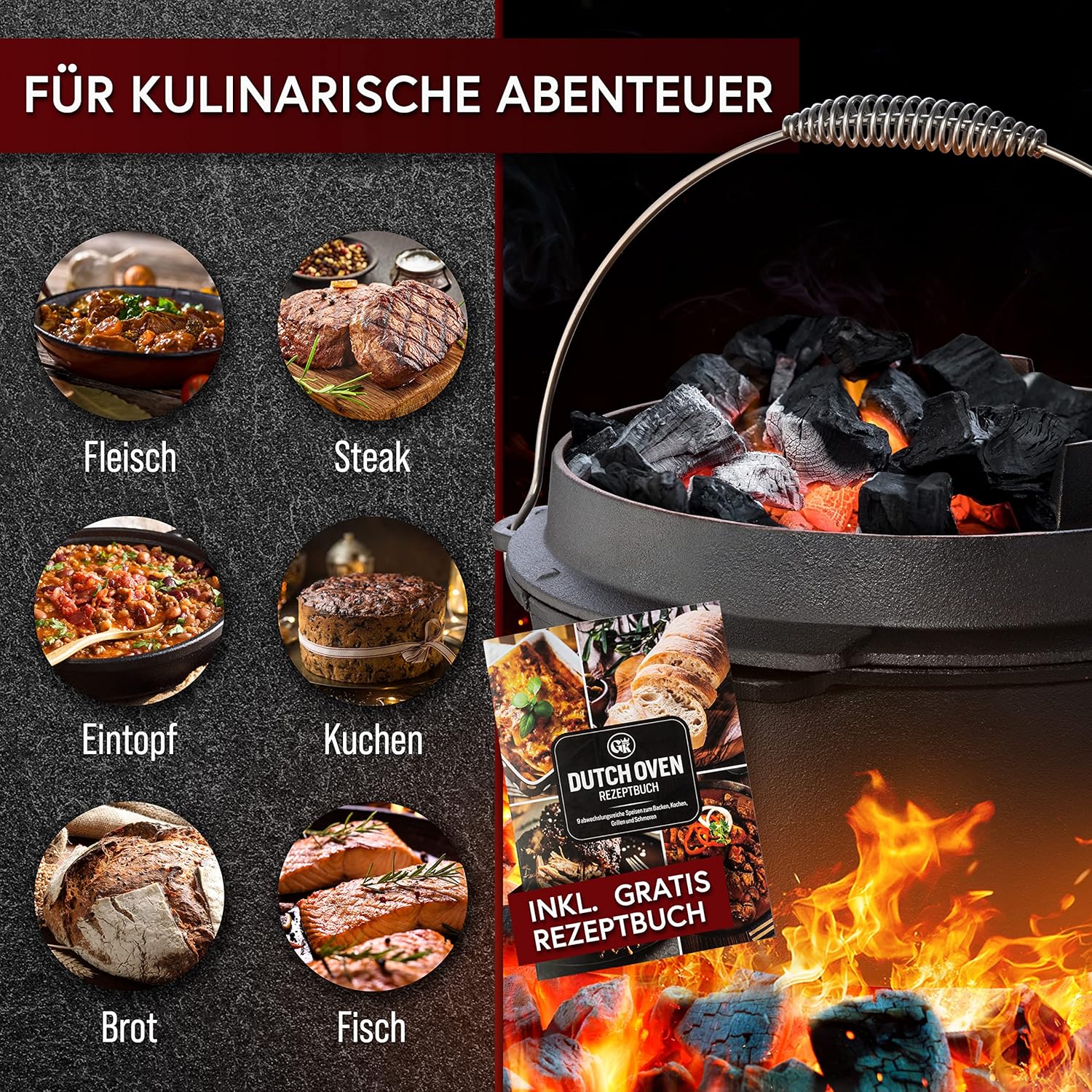 Dutch Oven Set - Eingebrannter Dutch Oven 12 Liter [10-16 Person]-Feuertopf Gusseisen mit Füßen-Schmortopf Doppelfunktion-2in1 Deckelheber, Bürste & DutchOven Rezeptbuch-30 Jahre Garantie