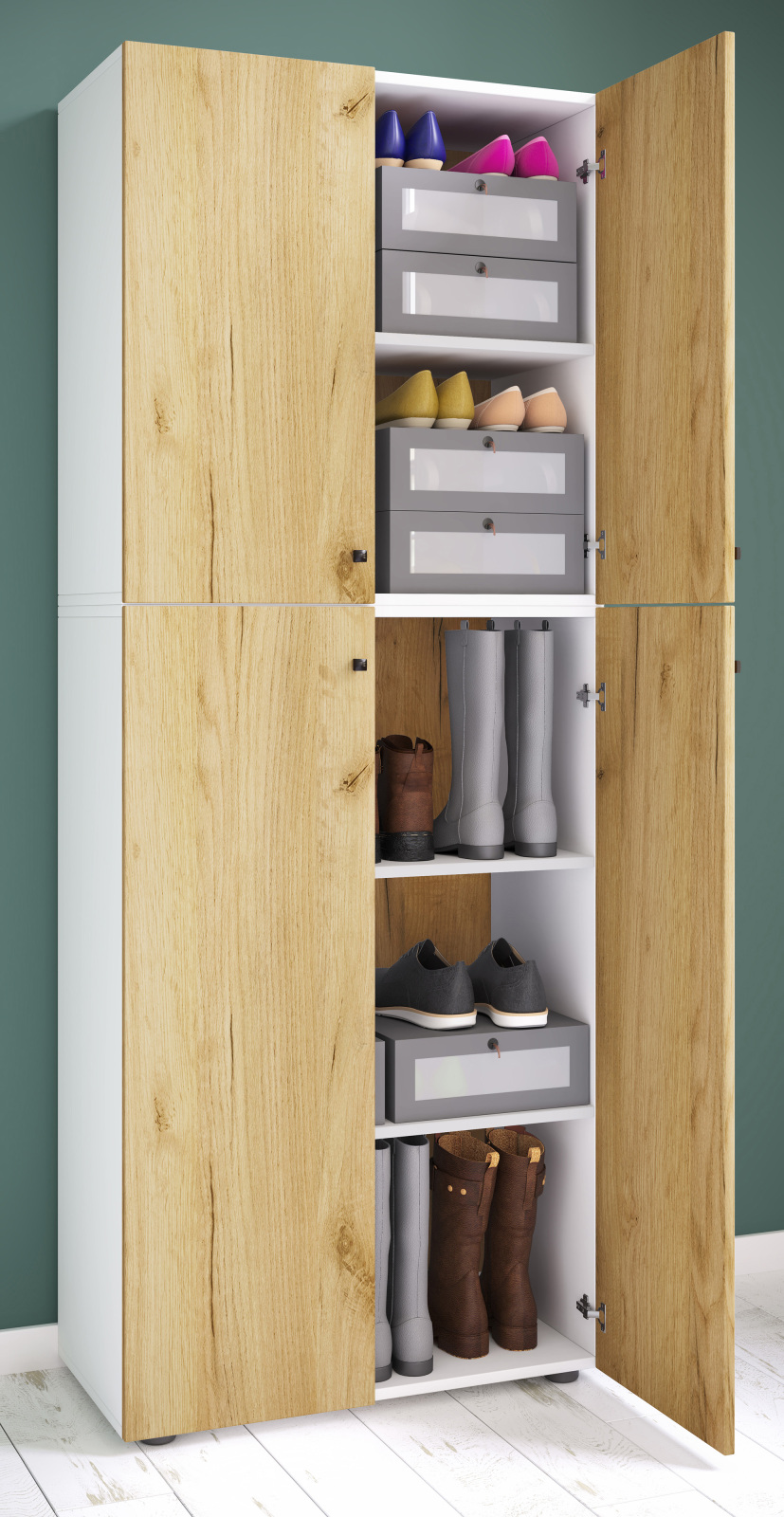 Schuhschrank LONA XXL - weiß-Honig-Eiche - 5 Einlegeböden - 182 cm