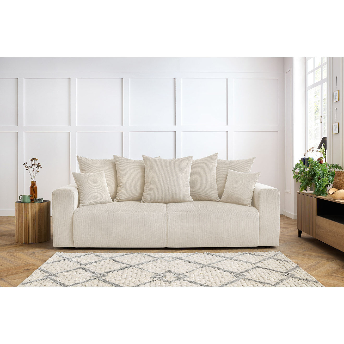 Bobochic Canapé droit fixe 3 places envy velours côtelé beige - 240x100x95 cm