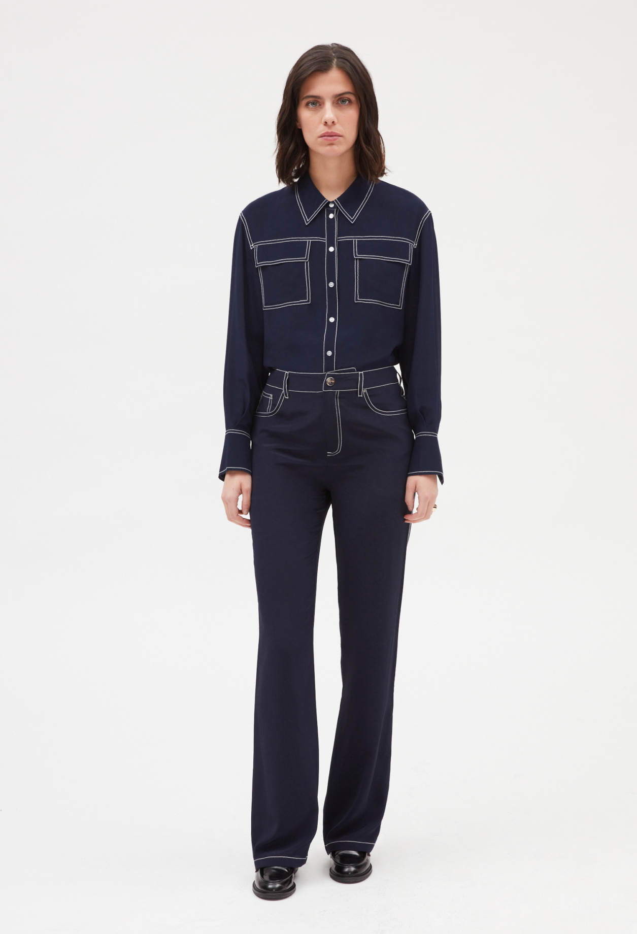 Chemise soie manches longues bleue