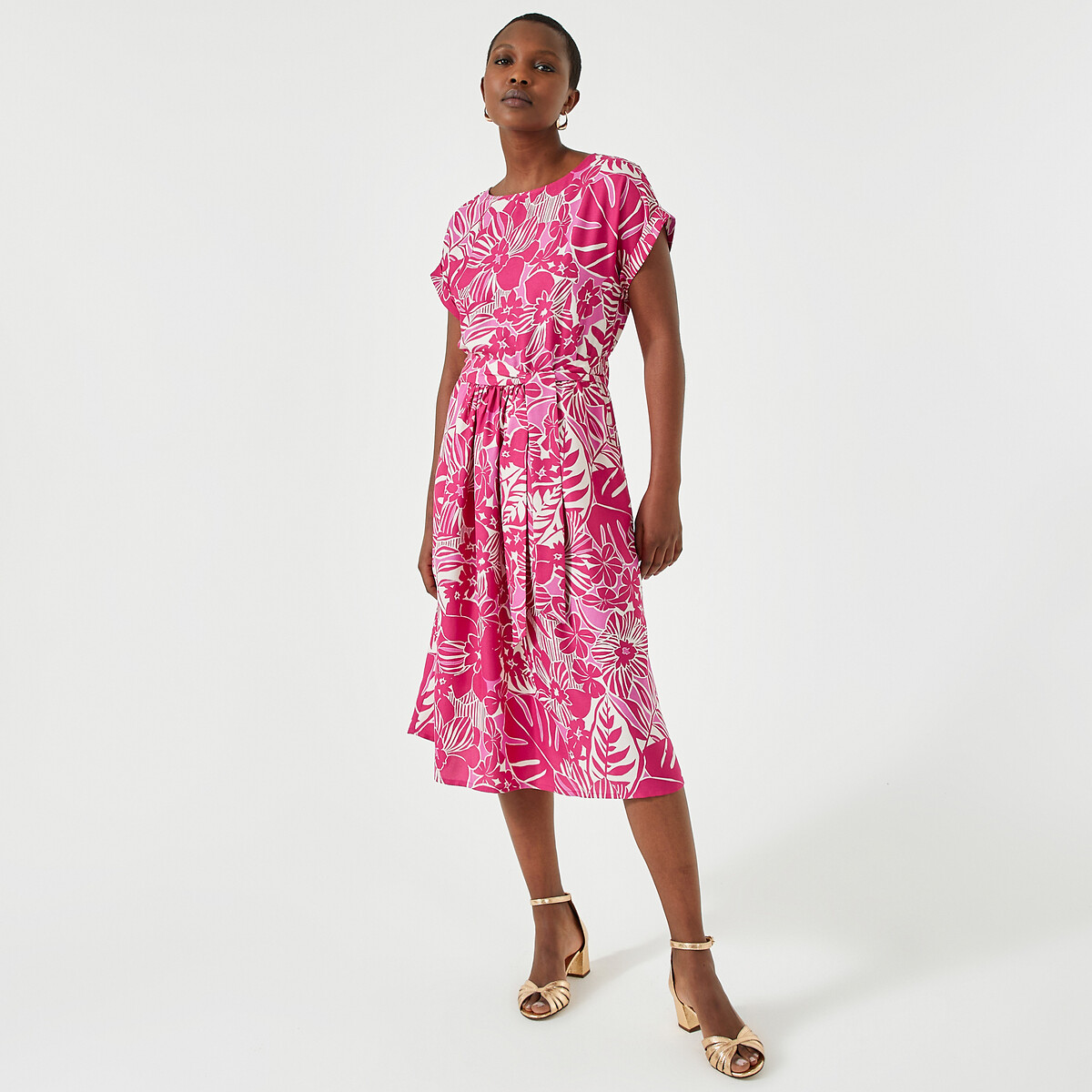 ANNE WEYBURN<br>Vestido florido, estampa floral, comprimento midi