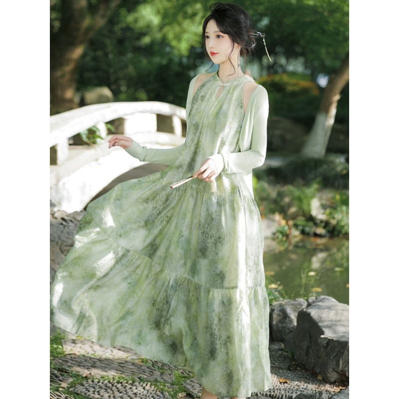 Tangier - Mouwloze maxi-A-lijn jurk met bloemenprint / Effen vest / Set