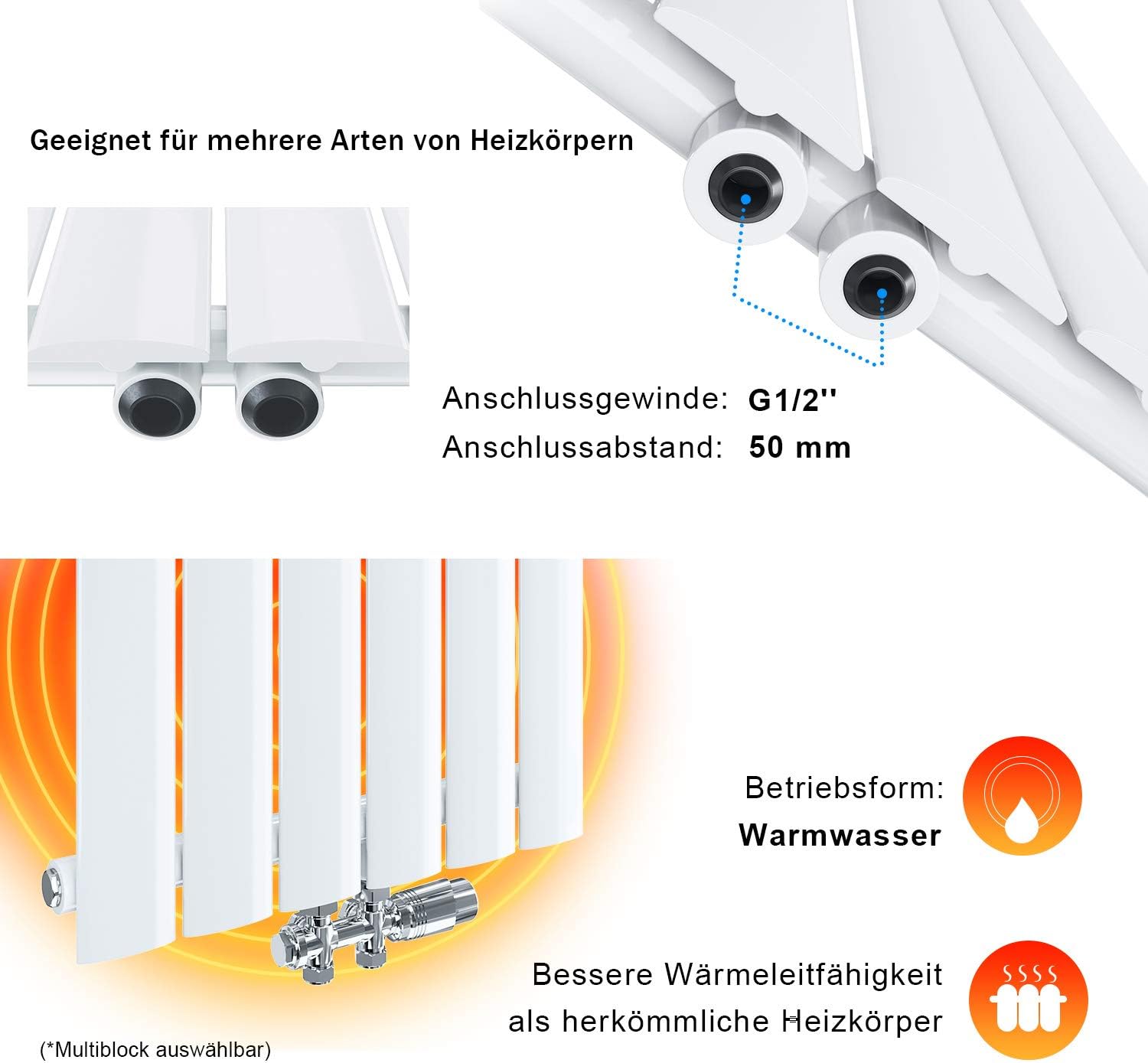 Design Flach Heizkörper 1600x616mm Weiß Paneelheizkörper Vertikal Mittelanschluss Einlagig