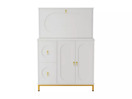 Secrétaire avec 3 porte et 2 tiroirs - MDF et métal - charnières - Blanc - 100x51x150cm